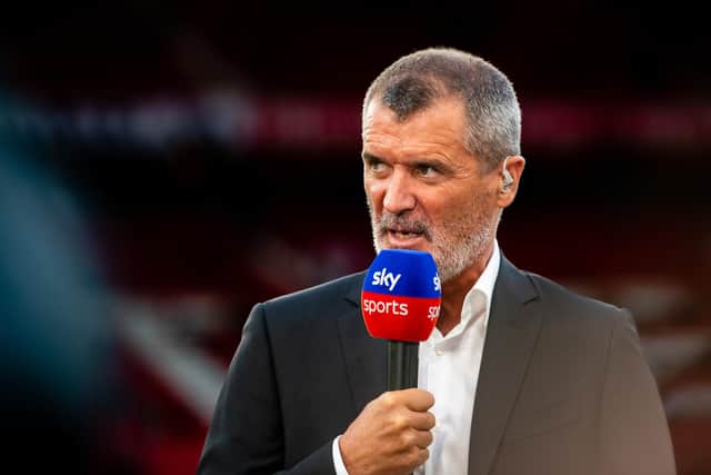 MANCHESTER, ENGLAND - AUGUST 22: Roy Keane broadcasts ahead of the Premier League match between Manchester United and Liverpool FC at Old Trafford on August 22, 2022 in Manchester, England. (Photo by Ash Donelon/Manchester United via Getty Images)