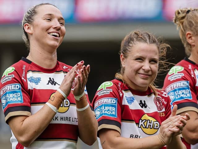 Georgia Wilson (left) and Grace Banks (right) of Wigan Warriors Women