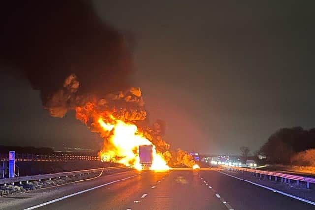 Emergency services at the scene of the lorry fire on the M62  this morning (Tuesday, January 31)