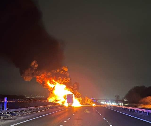Emergency services at the scene of the lorry fire on the M62  this morning (Tuesday, January 31)