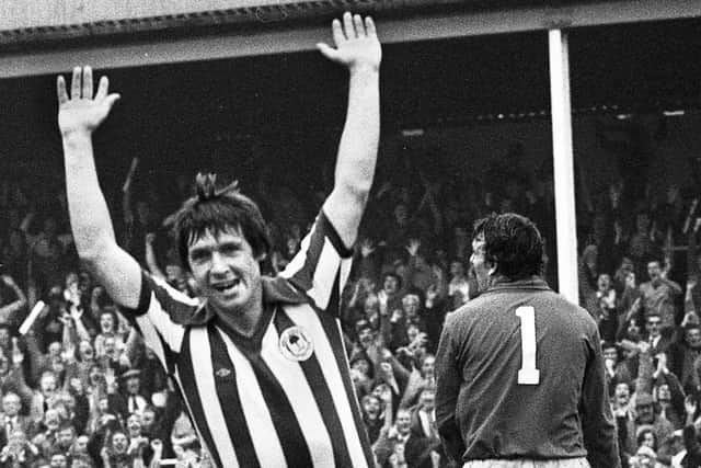 Wigan Athletic mid-fielder Tommy Gore celebrates his headed goal against Bury in a Division 4 match at Springfield Park on Saturday 20th of September 1980.
Latics won 2-1 with both goals from Tommy Gore.
