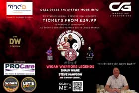 A charity evening with Wigan Warriors legends has been organised in memory of John Duffy and in aid of Motor Neurone Disease Association South Lancs