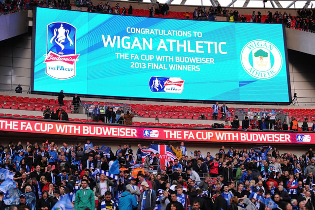 A congratulations message is displayed on the scoreboard for Wigan Athletic during the FA Cup with Budweiser Final between Manchester City and Wigan Athletic at Wembley Stadium on May 11, 2013 in London, England.