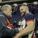 England coach Shaun Wane congratulates Elliott Whitehead after Whitehead's retirement from international rugby league