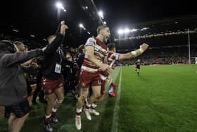 Sam Powell and team mates celebrate as their side defeat Catalans in the Super League Grand Final