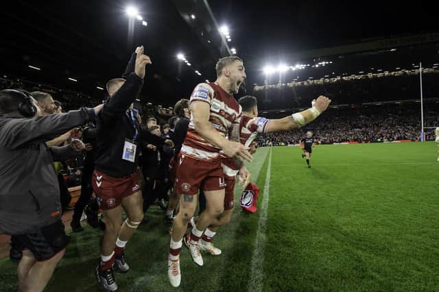 Sam Powell and team mates celebrate as their side defeat Catalans in the Super League Grand Final