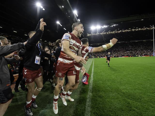 Sam Powell and team mates celebrate as their side defeat Catalans in the Super League Grand Final