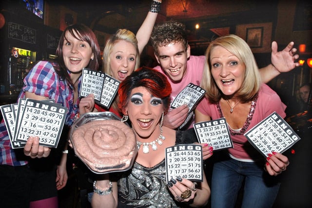 Drag DJ Tessa Tutu was hoping for a full house in Harry's Bar, Wallgate, on Wednesday 11th of February 2009 for a meat bingo prize of a giant cumberland sausage with, left to right, Leanne Ward, Helen Broxton-Dowd, Eddie Hunter, and Harry's Bar manageress Pauline Westwood.
