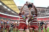 Zach Eckersley and Junior Nsemba celebrate with the Challenge Cup at Wembley
