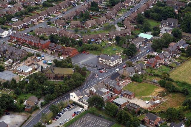 WIGAN AERIAL PICTURES 2005 - Main Street and Newton Road, Billinge, with St Aidan's CE Church and Stork Pub.