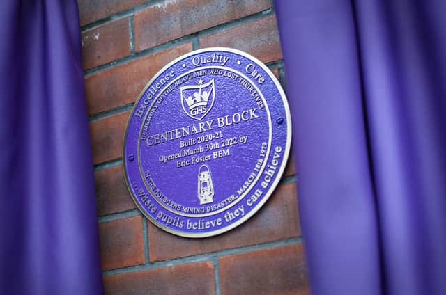 A commemorative plaque at the Golborne High School centenary block opening