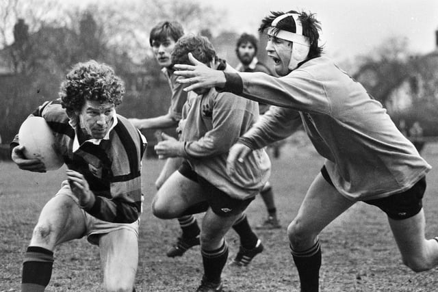 Orrell players attempting to stop a Liverpool attack in the Lancashire Cup Final on Sunday 22nd of April 1979 at Blundellsands.
Orrell lost 10-6