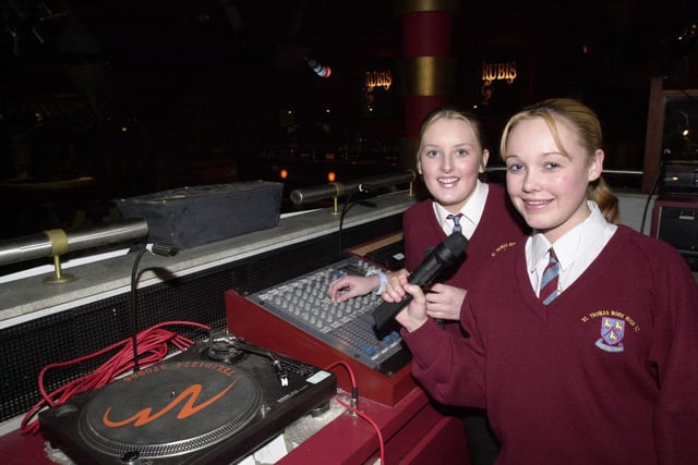 Year10 pupils from St Thomas More RC High School visited Kudos Nightclub as part of their GNVQ Leisure and Tourism. Pictured in the DJ console and Light Joc box are  Lisa Ashcroft and Stacey Woolley both aged 15 taking a behind the scene's look in 2002.