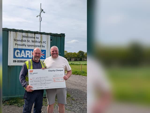 Left to right: Eric Wright Civil Engineering site manager Jason Lowe presents a cheque to St Wilfrid's AFC manager Phil Ramsdale for the club's new CCTV to keep vandals at bay