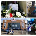 Players and staff from Wigan Warriors add their tributes to the shrine for Darren Orme on the Dave Whelan statue