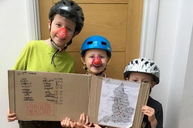 Javi, nine, Leo, seven, and Seb, six, cycled 173 miles on a virtual ride from their home in Hertfordshire to their grandad's house in Wigan to support Comic Relief in 2021