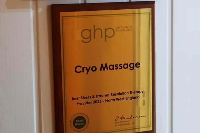 The award is on the door at her therapy room at Heskin Hall