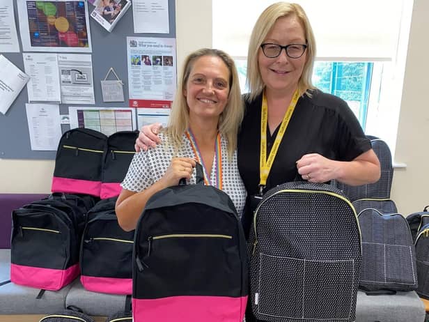 Maureen Holcroft, from Daffodils Dreams, right, with the backpacks