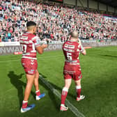 Kai Pearce-Paul and Liam Marshall applaud the fans after 42-12 semi-final victory