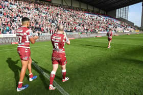 Kai Pearce-Paul and Liam Marshall applaud the fans after 42-12 semi-final victory