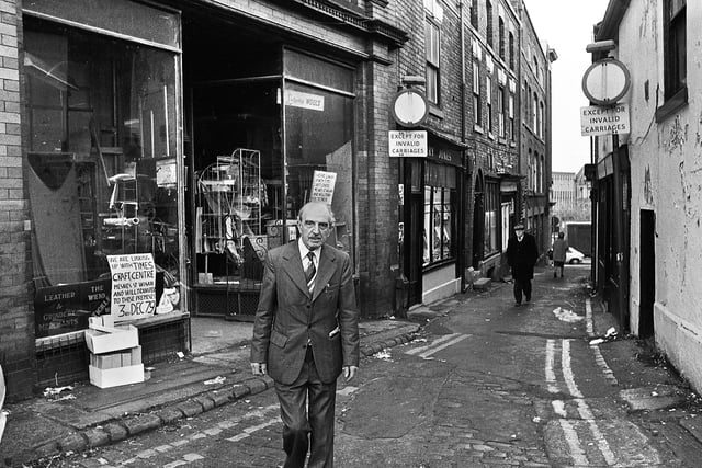 Frank Tickle sadly leaves his shop on his last day in the Wiend on Monday 3rd of December 1979 before moving to the Times Craft Centre on Mesnes Street.
Tickles was classed as a leather and grindery merchants but sold just about anything.