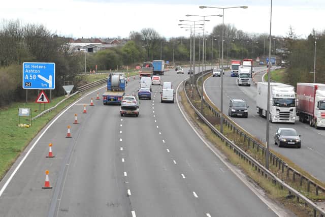 General view of M6 motorway, near junction 24, Ashton-in-Makerfield, where work on converting it into a Smart motorway began in March 2021.