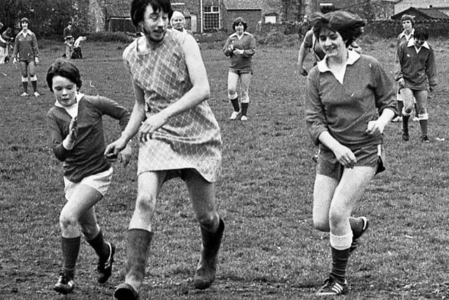 Action from a charity football match between the the Plough and Harrow and ladies at Shevington on Sunday 14th of May 1978.