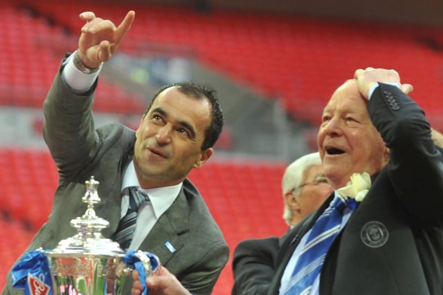 FA Cup final 2013 at Wembley  - Wigan Athletic v Manchester City
Wigan Athletic manager, Roberto Martinez, left, and chairman Dave Whelan celebrates the historic win.