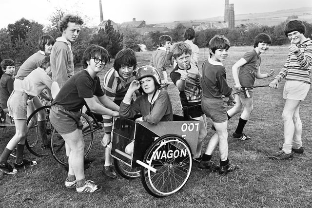 The scouts chariot racers ready to set off on a cross country course at Bispham Hall, Billinge, on Saturday 20th of October 1979.
The scouts had to build and then race the chariots and this was the second year of the event.
