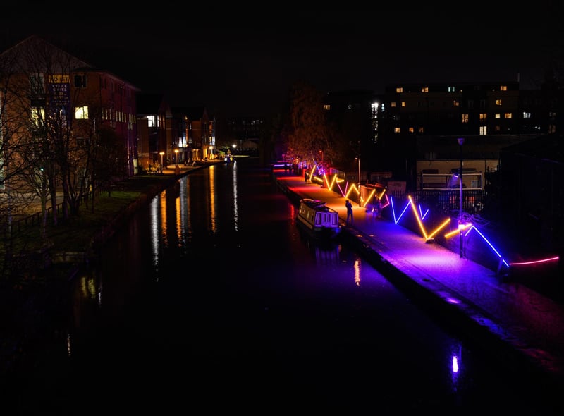 Lights on the Leeds and Liverpool canal as part of the Wigan Light Trail.