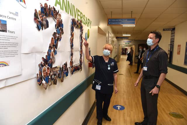 Wrightington Wigan and Leigh Teaching Hospitals Foundation Trust chief executive Silas Nicholls visits the Thomas Linacre Centre (TLC) on the facility's 20th anniversary - Helen Flowers and Silas Nicholls