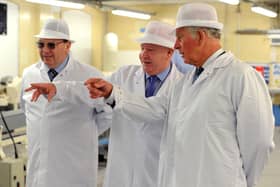 HRH Prince Charles visits the Wm Santus factory in Wigan, makers of the famous Uncle Joe's  Mintballs with John and Anthony Winnard. Picture by Paul Heyes, Wednesday April 03, 2019.

























