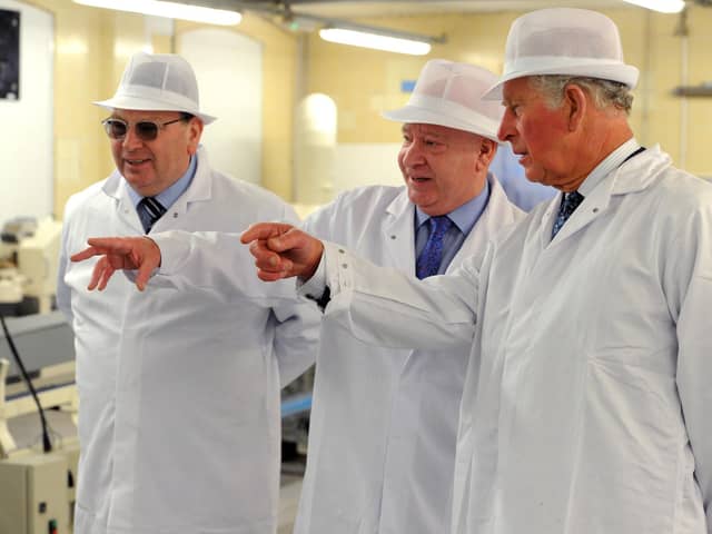 HRH Prince Charles visits the Wm Santus factory in Wigan, makers of the famous Uncle Joe's  Mintballs with John and Anthony Winnard. Picture by Paul Heyes, Wednesday April 03, 2019.


























