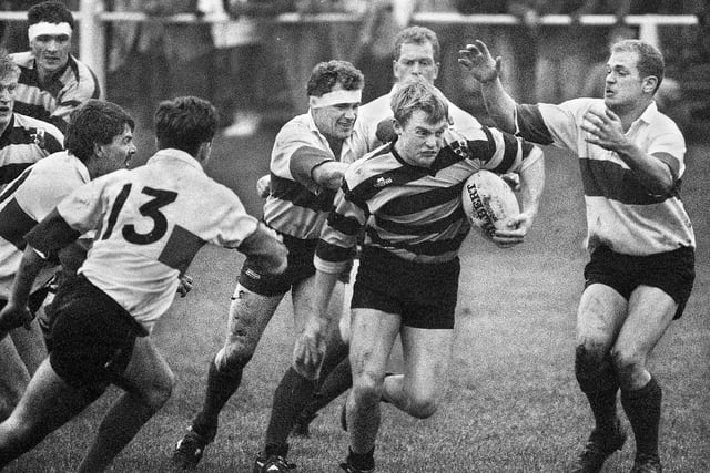 Mike Fielden surges through against Cambourne during a Pilkington Cup 2nd round match at Edge Hall Road on Saturday 30th of November 1991.
Orrell won 50-0.