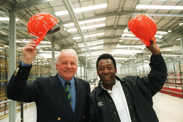 Dave Whelan with Pele at the opening of JJB's headquarters at Martland Park, Wigan, in 1997