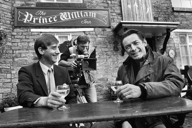 Actor Leigh Lawson (Twiggy's husband), right, with the then landlord of the Prince William Inn, Dalton, Keith Green during a break in the filming of an episode of the Granada television series Travelling Man in 1984