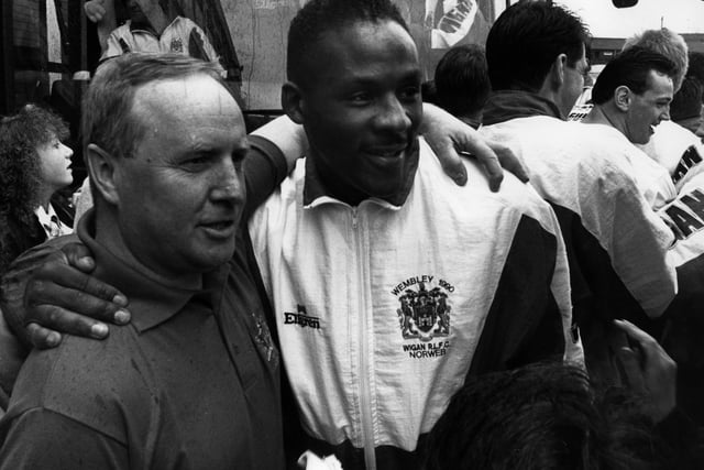 Maurice Lindsay brought in a number of big names during his time as Wigan chairman, including Ellery Hanley, who is is pictured with at Wembley in 1990.