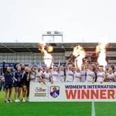 England Women celebrate their win against France after last year's mid-season international