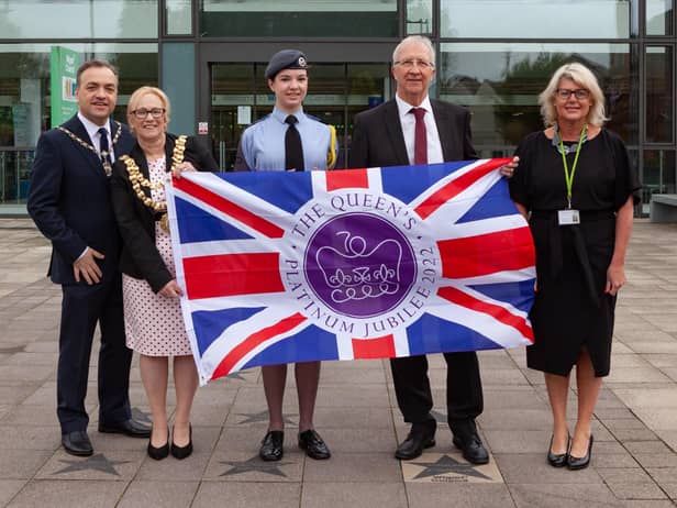 Left to right: Mayor's consort Mark Klieve, outgoing mayor Coun Yvonne Klieve, Mayoral cadet Megan Lawrence of the RAF, council leader David Molyneux and council chief executive Alison McKenzie-Folan