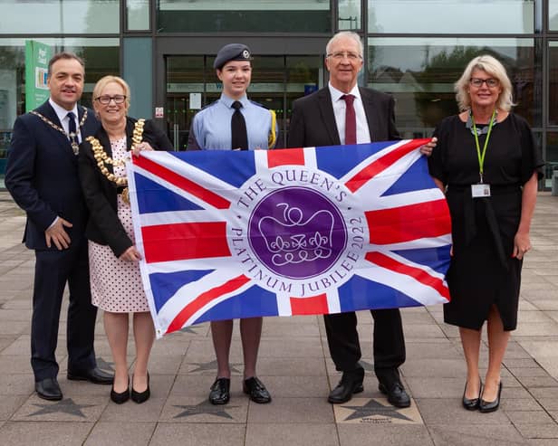 Left to right: Mayor's consort Mark Klieve, outgoing mayor Coun Yvonne Klieve, Mayoral cadet Megan Lawrence of the RAF, council leader David Molyneux and council chief executive Alison McKenzie-Folan