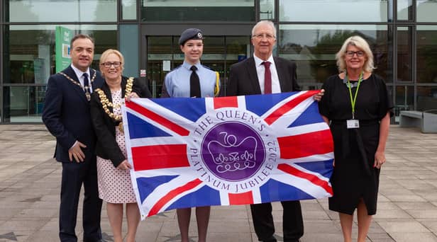 Left to right: Mayor's consort Mark Klieve, outgoing mayor Coun Yvonne Klieve, Mayoral cadet Megan Lawrence of the RAF, council leader David Molyneux and council chief executive Alison McKenzie-Folan