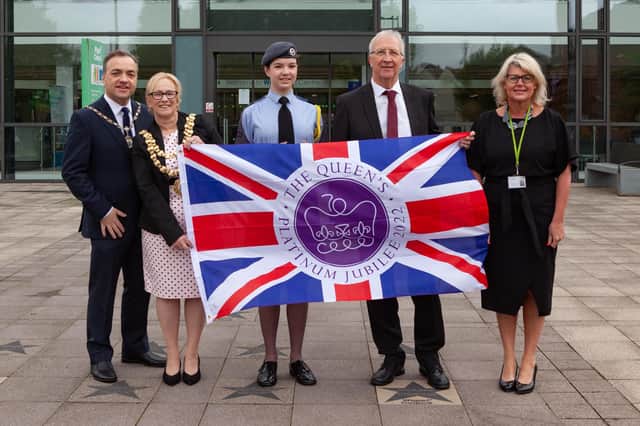 Left to right: Mayor's consort Mark Klieve, outgoing mayor Coun Yvonne Klieve, Mayoral cadet Megan Lawrence of the RAF, council leader David Molyneux and council chief executive Alison McKenzie-Folan
