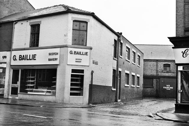1960s - G. Baillie Scotch Bakery on the corner of Mesnes Street and Back Mesnes Street, Wigan, in the 1960s. The bakery later became Smiths bookshop and is now the British Heart Foundation charity shop.