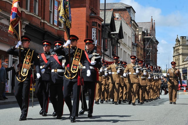The Duke of Lancaster's Regiment parade around Wigan Town Hall, pictured on Library Street,  celebrating being granted Freedom of the Borough.