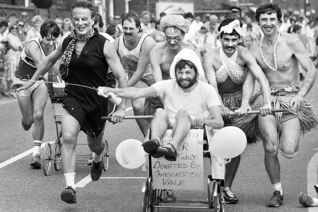 The pram race gets under way at Shevington Carnival on Saturday 28th of June 1986.