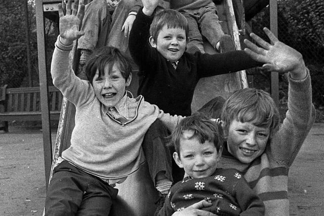 Young pals enjoying their half-term holidays in Mesnes Park, Wigan, on Monday 26th of February 1973.