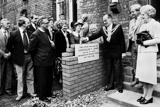 Wigan mayor, Coun. Tom Jones, lays the foundation stone at the old Wigan Hospice off Poolstock Lane on Thursday 20th of May 1982.