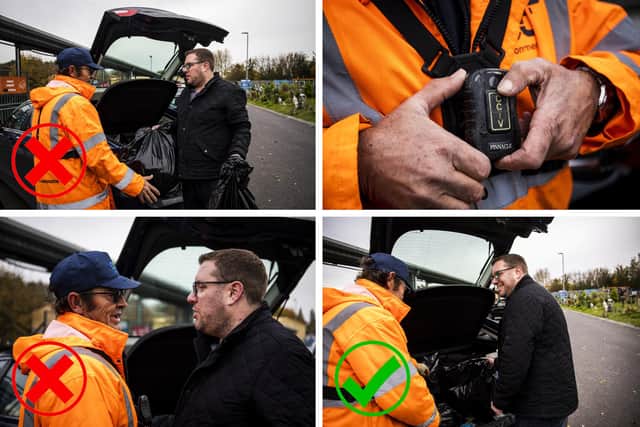 Filming takes place to create a short video demonstrating how staff members at FCC waste recycling centres should be treated by members of the public.