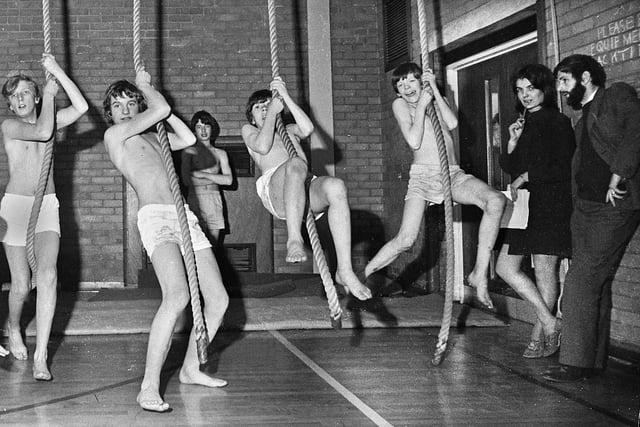 Third year boys in the gym in March 1972 at Hindley County Secondary School.