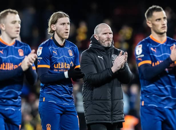 Blackpool's manager Michael Appleton (2nd right) applauds his side's travelling supporters at the end of the match 

The EFL Sky Bet Championship - Watford v Blackpool - Saturday 14th January 2023 - Vicarage Road - Watford